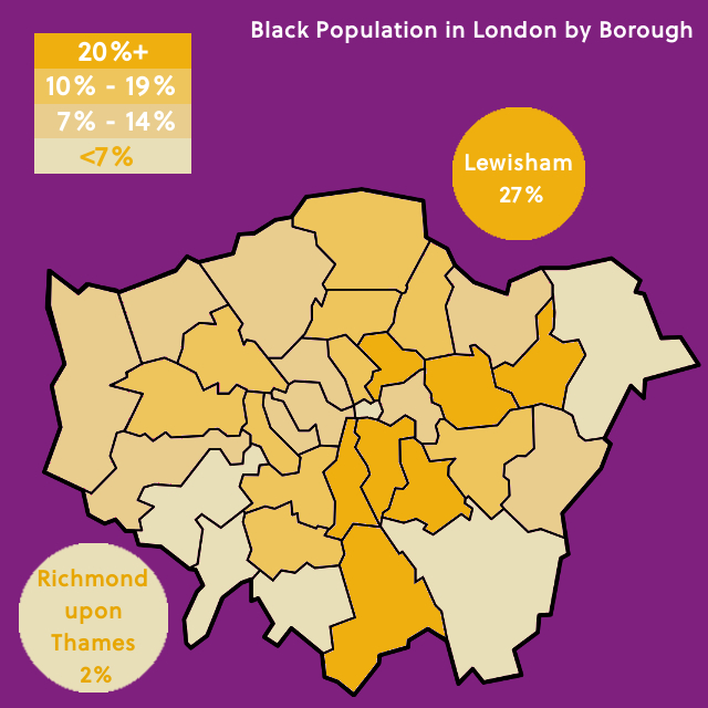 Map of London showing percentage of Black population in each Borough