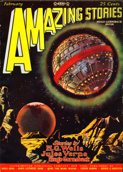 Front cover of the magazine 'Amazing Stories' in 1928 showing a landscape of another planet in outer space.  