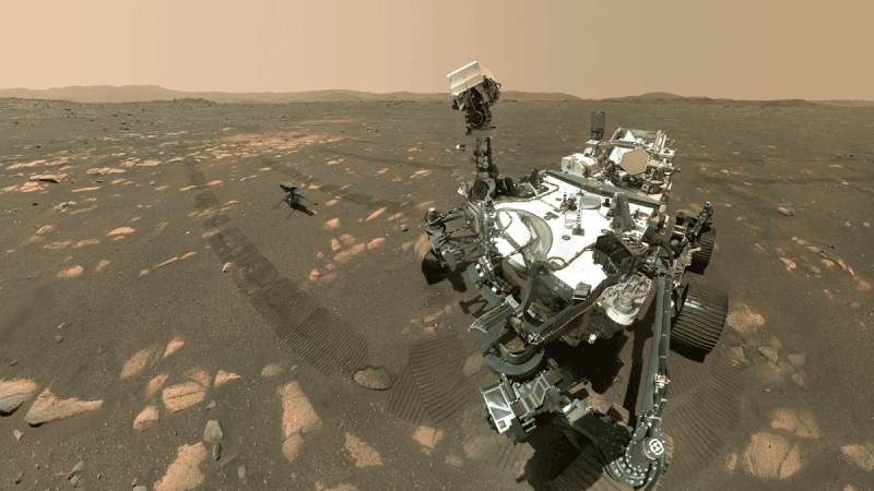 Photo taken on Mars showing the Perseverance rover and Ingenuity