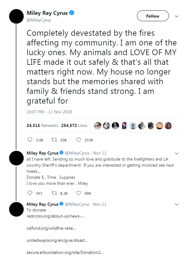 Image of Miley Cyrus' tweet enouraging support for those who had lost their homes in the Malibu wildfires
