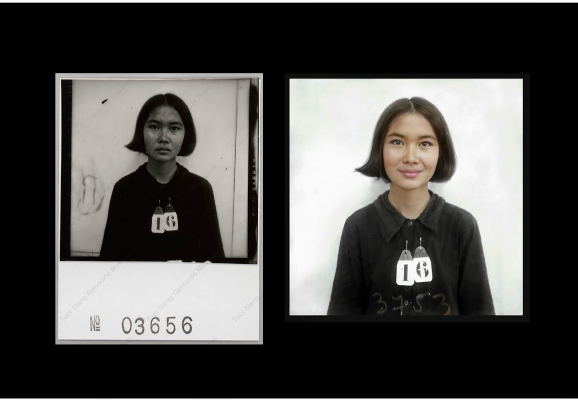 Two images of a female prisoner - one in black and white non-smiling and the other in colour, smiling