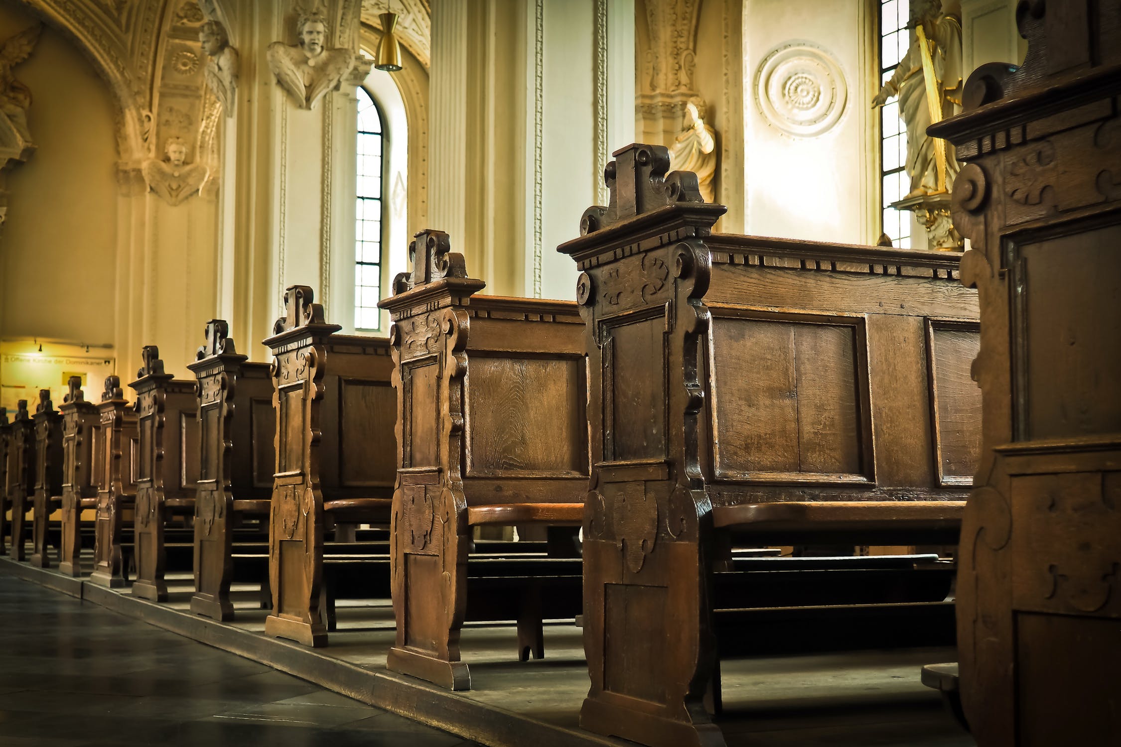 Empty pews in a church. 