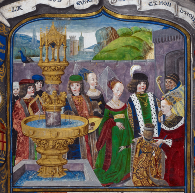 Detail of a 15th-century miniature depicting an allegorical court of love (Royal 16 F II, f. 1) British Library
