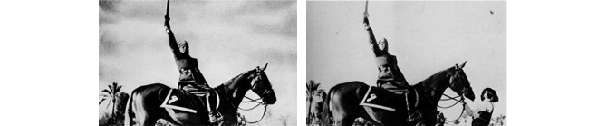 Mussolini on a horse, with his sword in the air