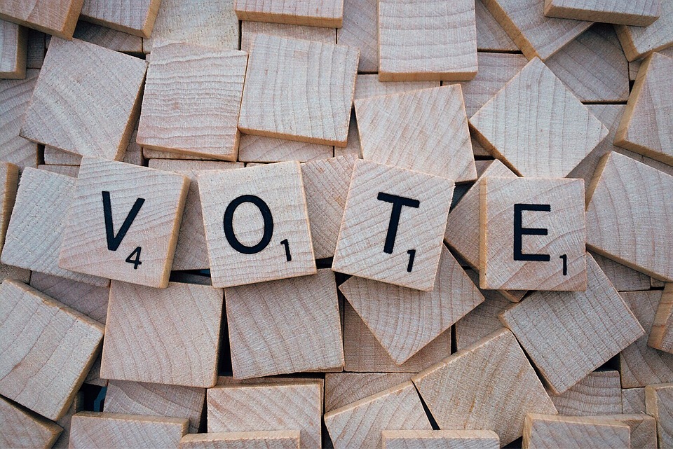 The word 'vote' written in wooden Scrabble-style letter pieces 