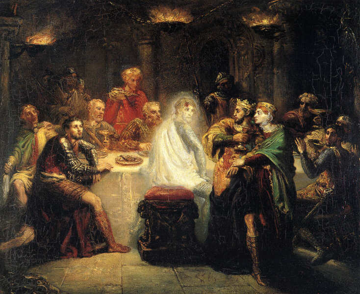 Painting showing Elizabethan era men at a dining table, with Banquo's ghost sitting on one of the stools.