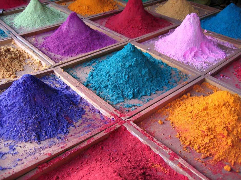 Pigments for sale on market stall, Goa, India.