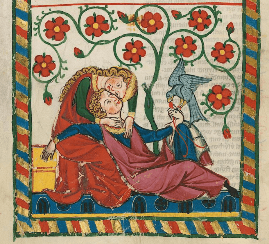 Lovebirds in the 14th-century Codex Manesse (Cod. Pal. germ. 848, f. 249v). Universitätsbibliothek Heidelberg, CC BY-SA