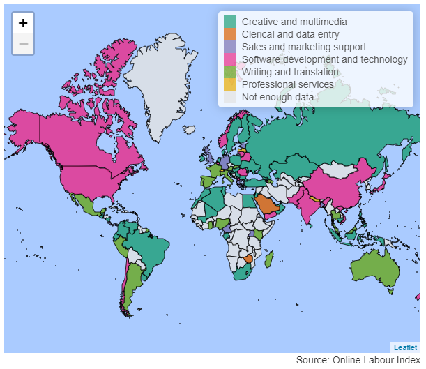 Map showing top online occupations for countries around the world