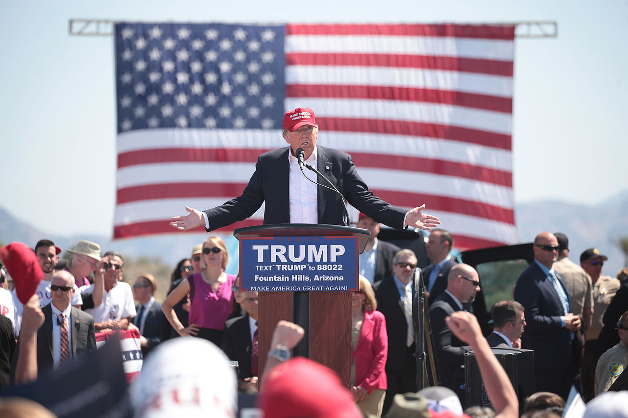 Donald Trump speaks at a campaign event in Fountain Hills, Arizona. Image credit: Gage Skidmore 6 via Wikicommons